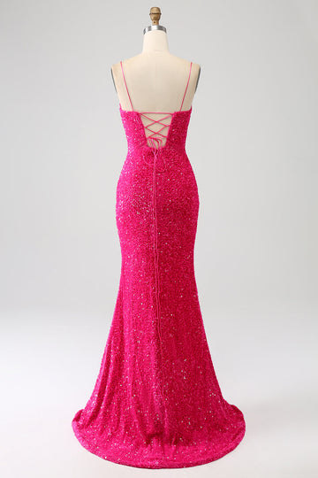 Fucsia Sirena Spalline sottili Scollo a V Paillettes vestito da ballo con Spacco